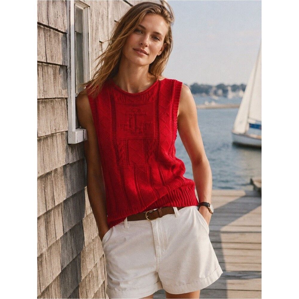 Lauren Ralph Lauren Red Linen Cotton Blend Sweater Vest Petite Small Anchor